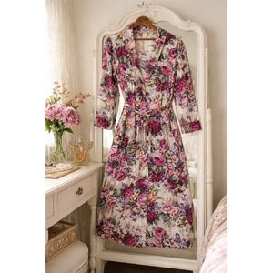 Vintage Cachet Sears Floral Robe Womens Medium Cotton Rayon Pink Purple 50151